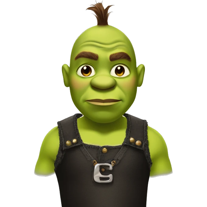 Shrek with short dead hair nose piercings with a black crop top and a Hennessy in his hand emoji