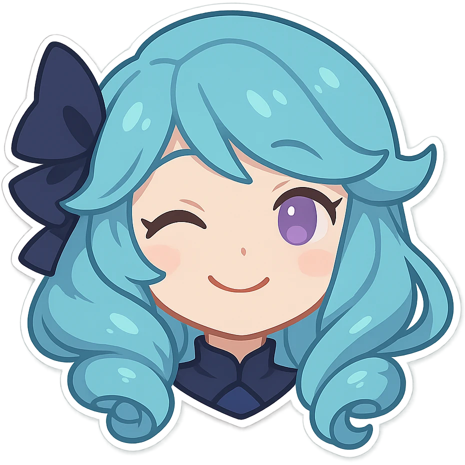 Gwen from League of Legends, happy expression, head only, right eye is purple, chibi style, eyes closed emoji