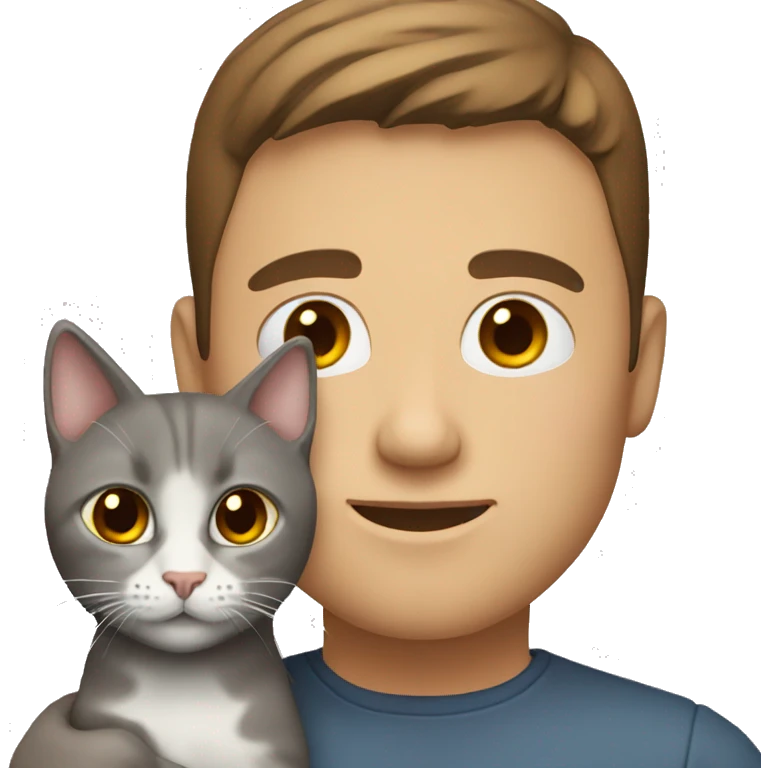 Man and woman with brown hair holding gray cat emoji