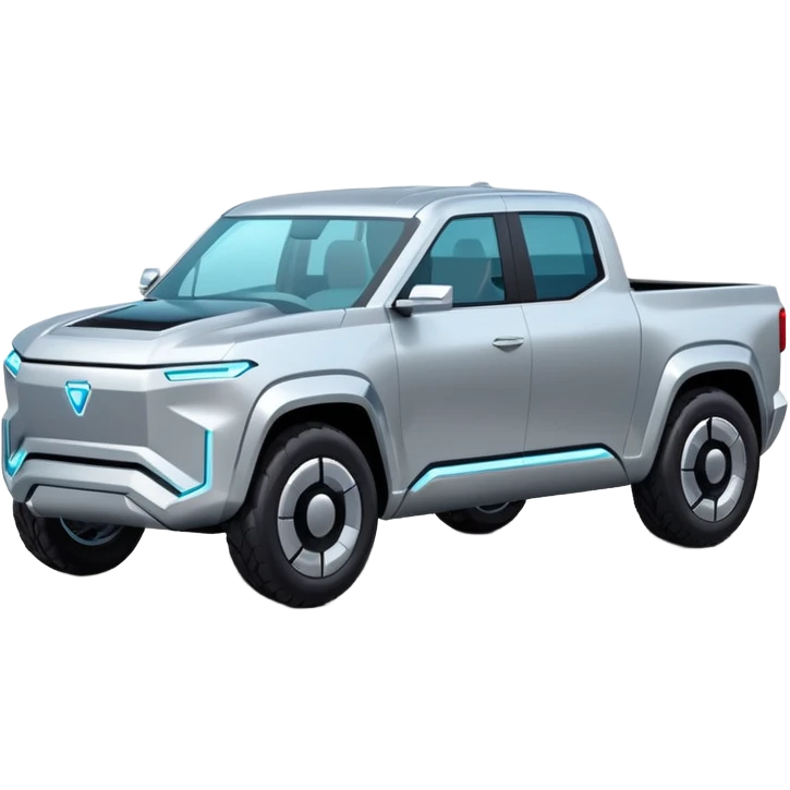 A futuristic electric pickup truck emoji, silver chrome body, angular cyber design, smooth metallic panels, subtle reflections, minimalistic proportions, iOS emoji style, centered composition, clean white background, soft lighting emoji