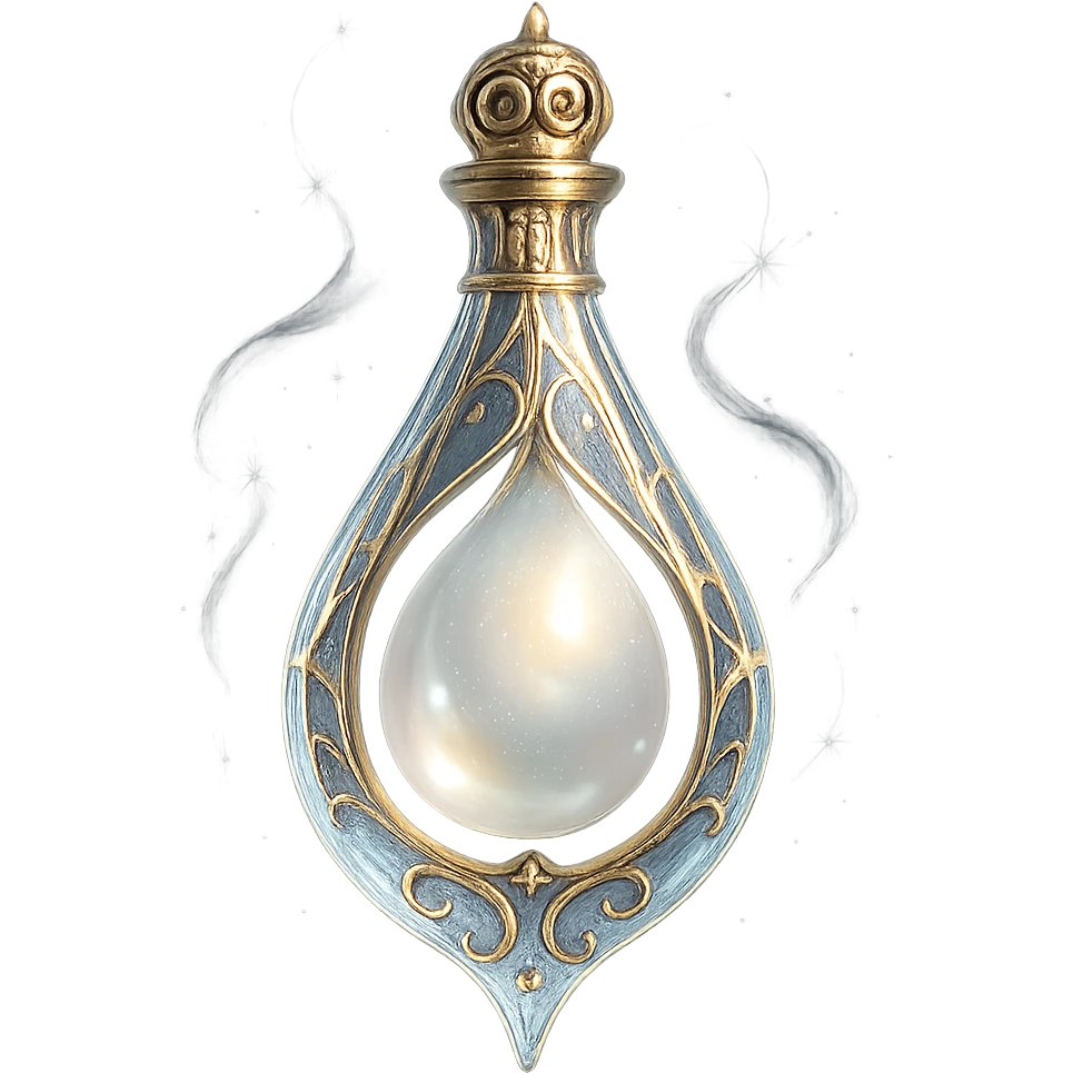 crystal luxurious elixir bottle in tear shape, transparent with pearlescent tear-shaped filling inside, lots of glowing, edges, ornaments, golden details, magical effects, very small golden neck, transparent background, beautiful merging bottom, clearly hanging in the air, no base or shadow, very luxurious, subtle, matching a collection emoji