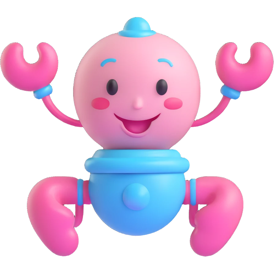 3D cartoon pacifier, baby blue and pink, with arms and legs, cheeky mischievous grin emoji
