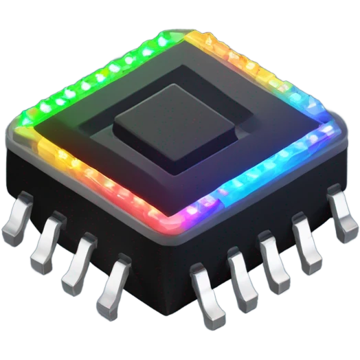black micro chip with glowing RGB led light, isometric emoji