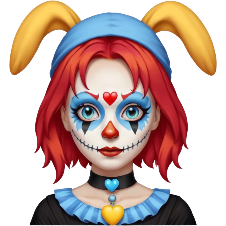 wendy thomas  the clown from gta rp nopixel she has a blue sun covering right eye with three yellow lines below her right eye and above her left eye this is her clown makeup . she has long bright red hair and light blue eyes with ablack heart choker and black bunny ears. with a skeleton shirt emoji