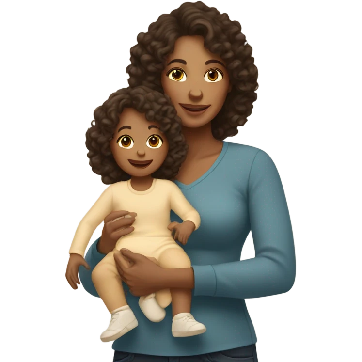 mom with light tan skin, shoulder length dark brown curly hair carrying 2 babies  emoji