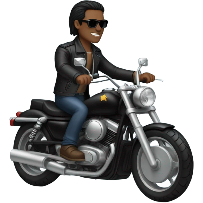 guy with black shoulder length hair, wearing sunglasses, riding a black motorcycle emoji