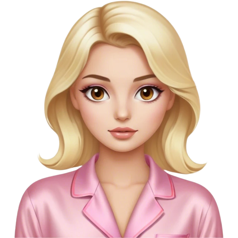 blonde model with brown eyes, luxury makeup, light pink silk pajamas emoji