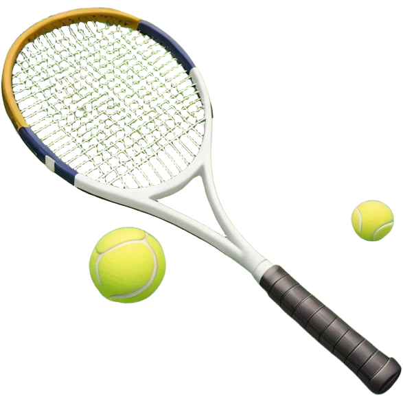 A tennis racket resting on the green grass of a tennis court, with a tennis ball placed nearby and the net stretching across the court. The background captures the fresh, open atmosphere of a traditional grass court, emphasizing the elegance and precision of the sport. emoji