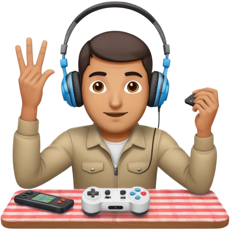 A middle eastern wearing headphones on and a controller in his hand with a picnic table on his head emoji