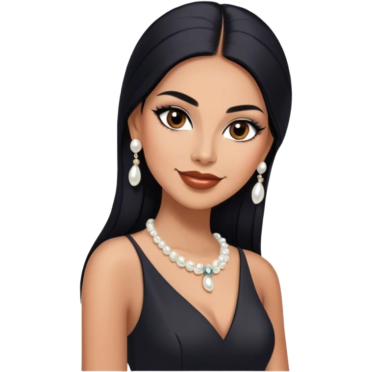beautiful fit tall woman boss, with long straight black hair, with make up, black eye liner, smile mooth close, mexican, brown skin, wearing beautiful couture outfit and discret white pearl earings emoji