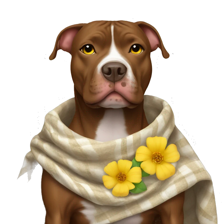 Brown pitbull with white stomach with yellow flower blanket emoji
