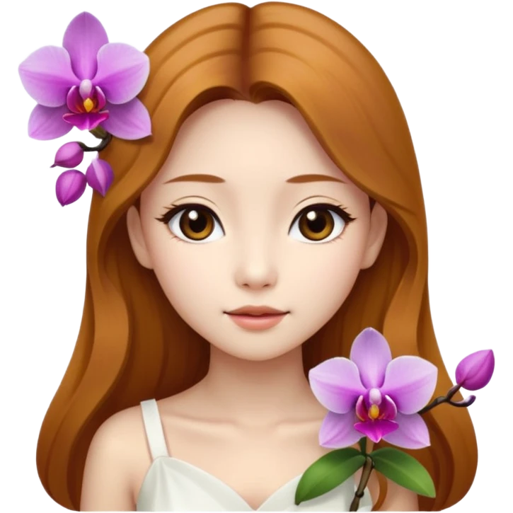 Asian girl with long golden brown hair white skin makeup natural with orchid in her left ear, her dress is white   emoji