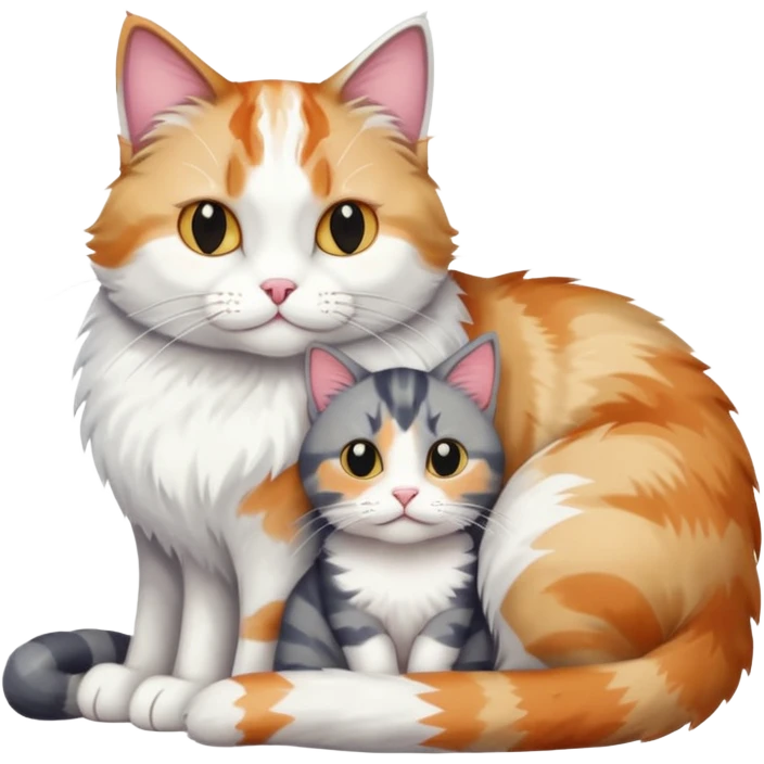 full body colourful light patched calico + white tabby cat cuddling a large grey and white cat  emoji