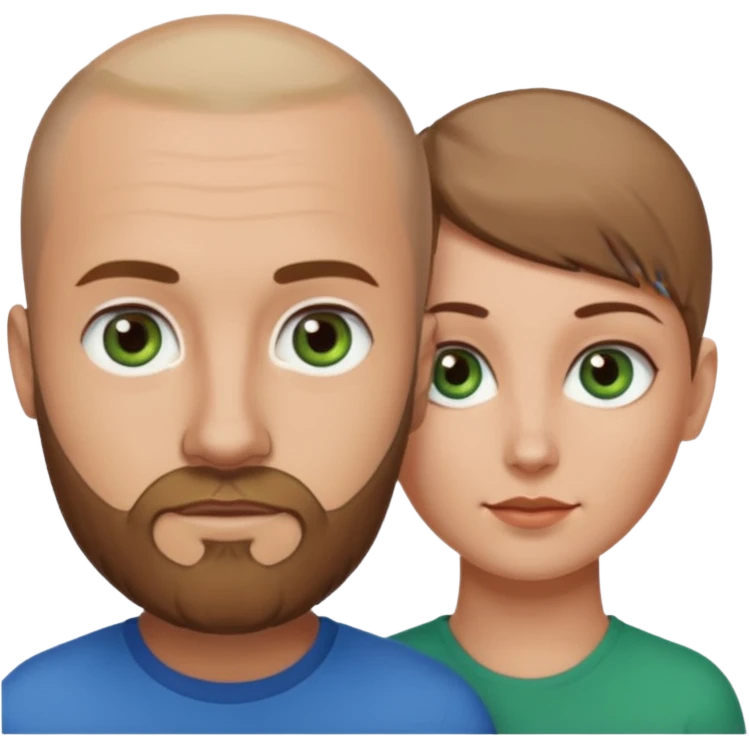 Man on left with shaved head with dark blonde beard and blue eyes and woman on the right with brown hair green eyes  emoji