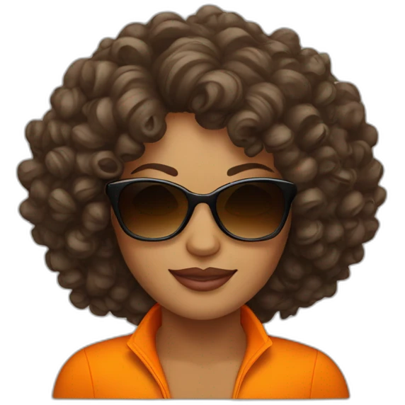 a curly hair brown woman with sunglasses and a orange trucksuit  emoji