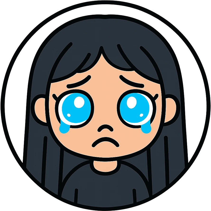 chibi cyberpunk girl with long straight black hair, large glowing neon-blue anime eyes, light peach skin, round face, small nose, soft cheeks, thin black line art, sad expression with teary wide open eyes, eyebrows arched upward, downturned frown, shimmer in eyes, inside a thin black circle, pure white background emoji