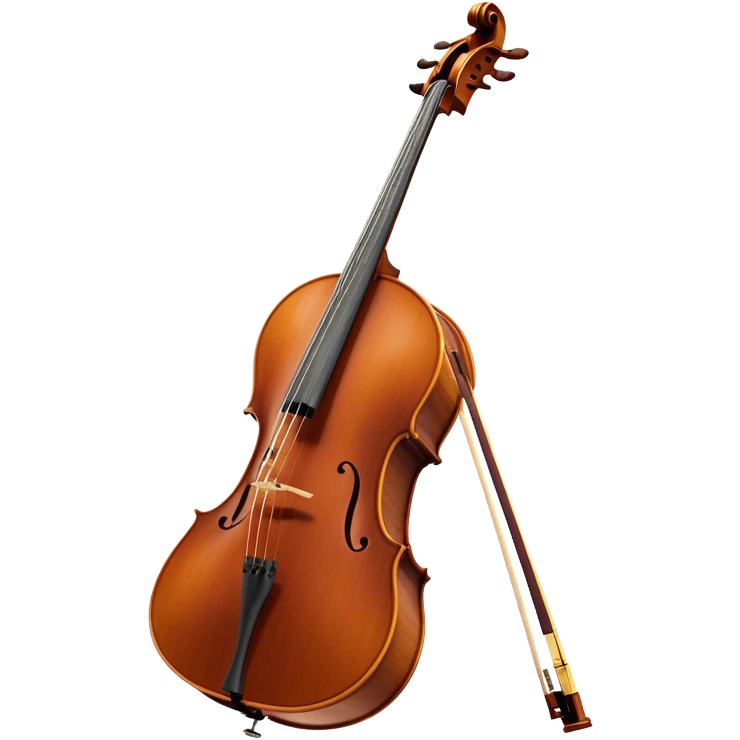 Create an elegant and refined emoji representing the Cremona cello with a Hans Klein HKCB bow. The design should feature the curved wooden body of the cello with a rich, glossy finish, capturing its classical shape and intricate details. The bow should be displayed with fine craftsmanship, highlighting the hair and the smooth, polished wooden stick. Include subtle musical notes floating around the instrument to emphasize its rich, melodic sound. Use deep wood tones like chestnut brown, gold accents for the fittings, and soft lighting effects to give the instrument a timeless, professional feel. The background should be transparent. emoji
