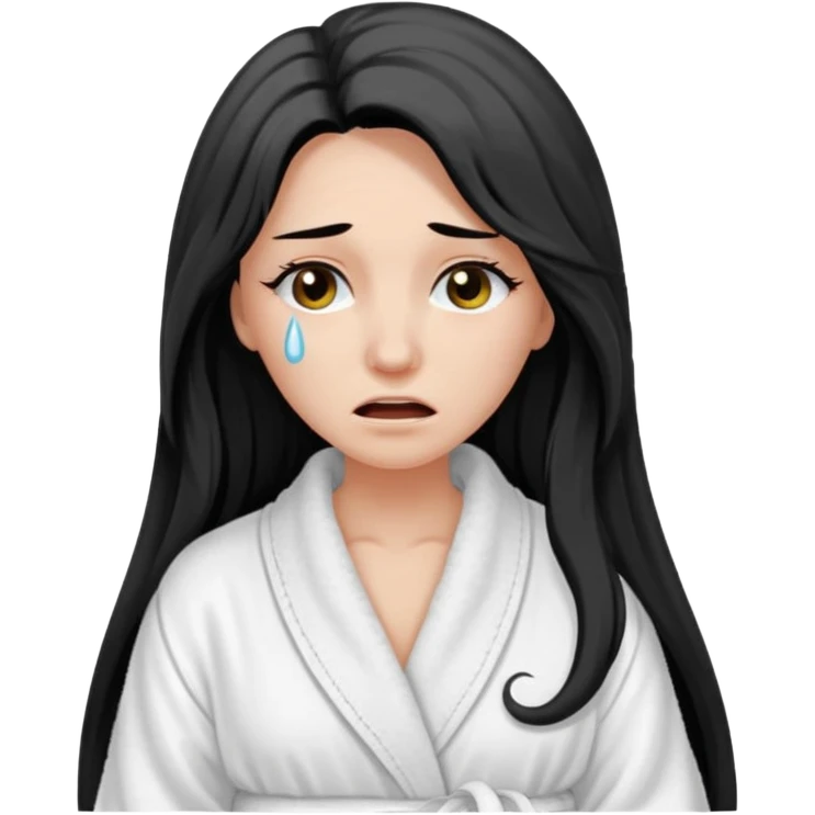 crying woman with long hair, long lashes, clear white skin, wearing a bathrobe emoji