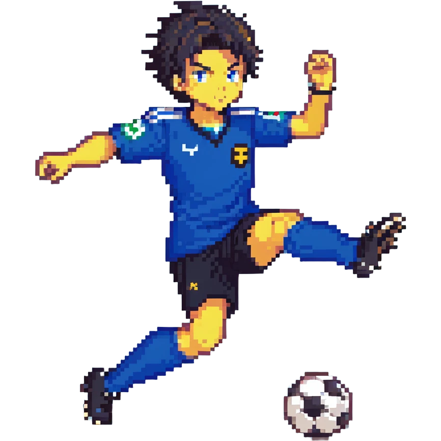 anime soccer player inspired by Blue Lock, dynamic pose, blue and black uniform emoji