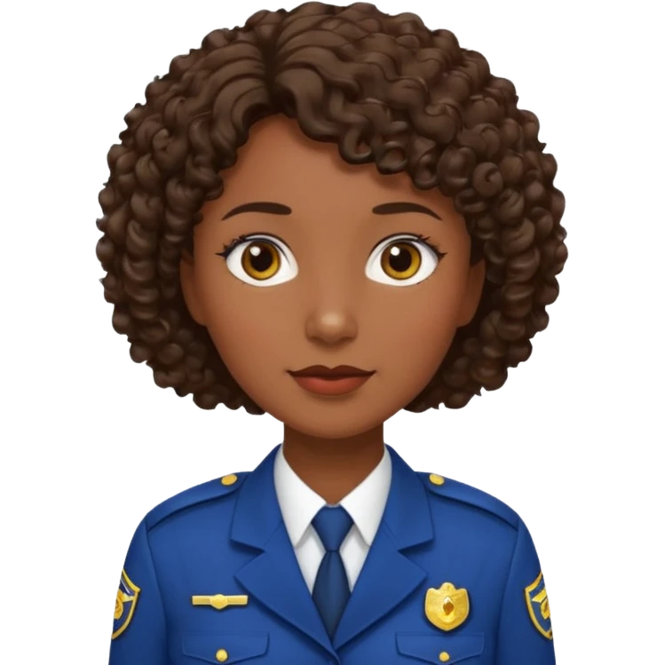 Middle-aged Female: dark skin, wearing uniform, approachable face, curly short brown hair emoji