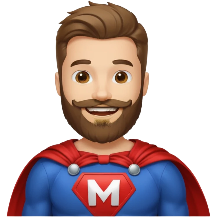 бородатый мужчина в костюме супер героя с буквой М  на груди веселится  emoji