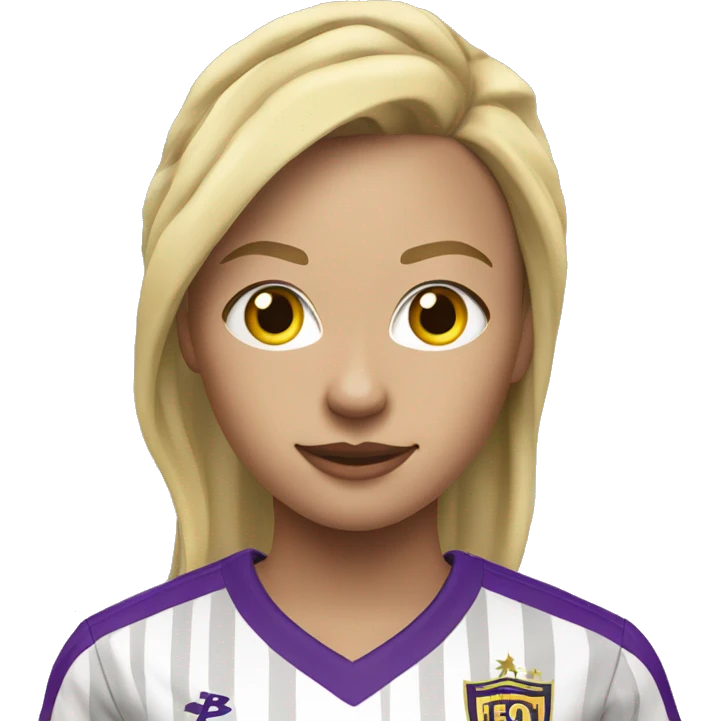 a blonde woman soccer player in white jersey with purple pinstripes and yellow collar emoji