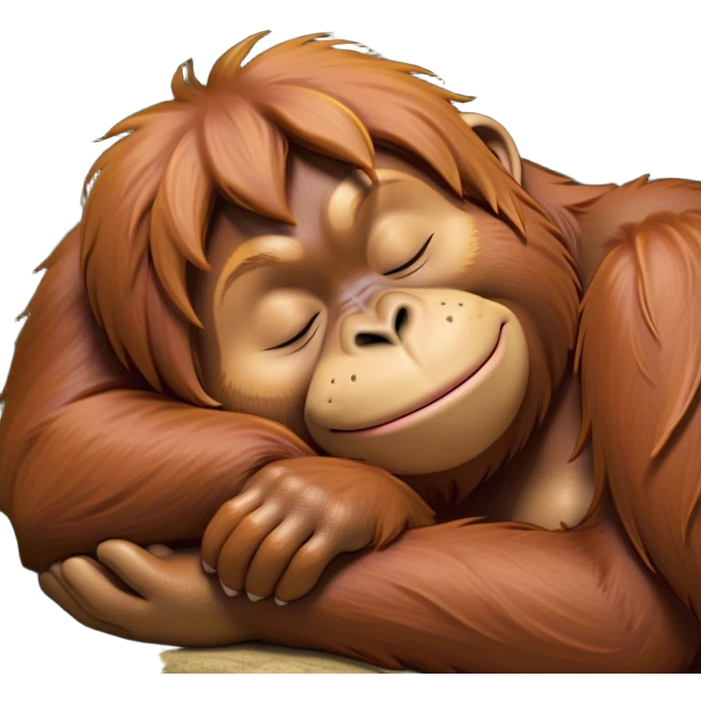 Meme-Worthy cute Sleeping Orangutan Portrait Emoji, Head resting peacefully with a contented smile, showcasing luxuriously soft fur and eyes gently closed in serene slumber, Simplified yet comically adorable features, highly detailed, glowing with a soft, drowsy jungle light, high shine, relaxed and utterly lovable, stylized with an air of playful laziness, bright and heartwarming, soft glowing outline, capturing the essence of a sleeping orangutan that feels destined to become the next viral icon of adorable rest! emoji