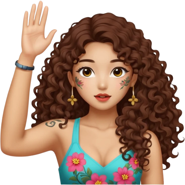 sexy nude and very muscled korean girl, long curly hair, korean sexy eyes, korean makeup, sexy butt, sexy boobs, floral tattoes, flag of Korea, flexing and saluting emoji