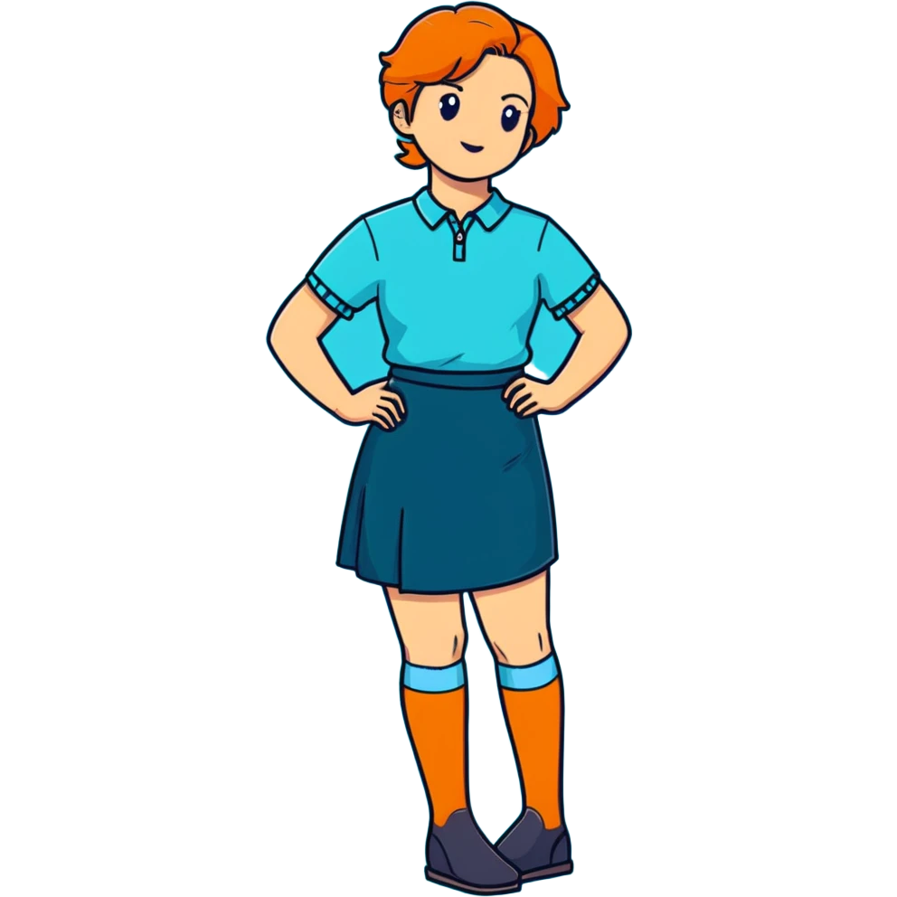 woman wearing teal wrap shirt, blue a-line skirt, light blue knee-high socks emoji