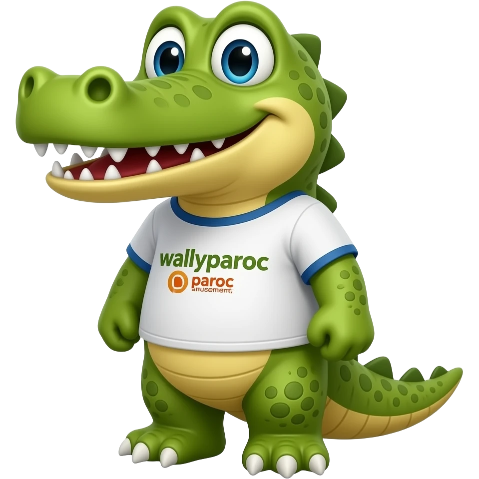 Un mascotte crocodile jaune pour le parc walyparoc avec un t-shirt marquer walyparoc by paroc amusement  ! Et style humains emoji