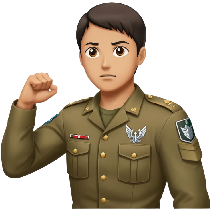 soldier doing the Attack on Titan salute with fist on chest, military salute with right fist over heart emoji