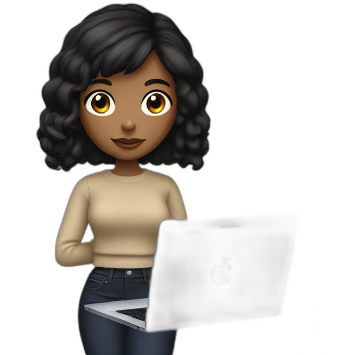 memoji of a female with a modern apple laptop in front, black hair, beige skin, black sweater, computer in hand --ar1:1 emoji