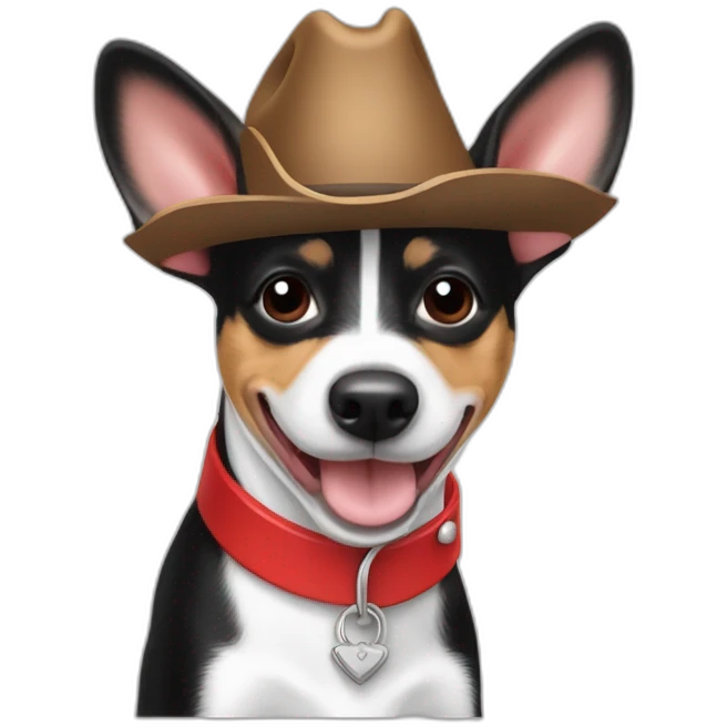 rat terrier wearing a cowboy hat and red collar smiling no brown (black and white) thumbs up emoji