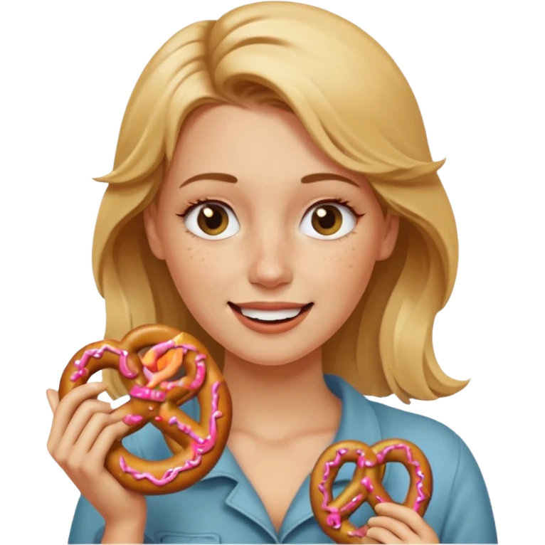Winking, Dirty blond woman, fair skin with freckles,  holding pretzel emoji