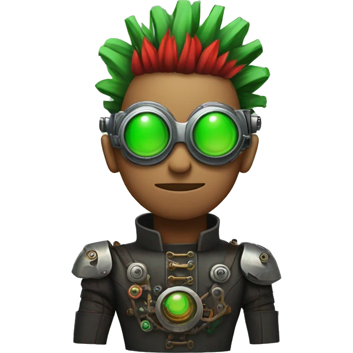 Male cyborg with thin red Mohawk and green steampunk goggles emoji