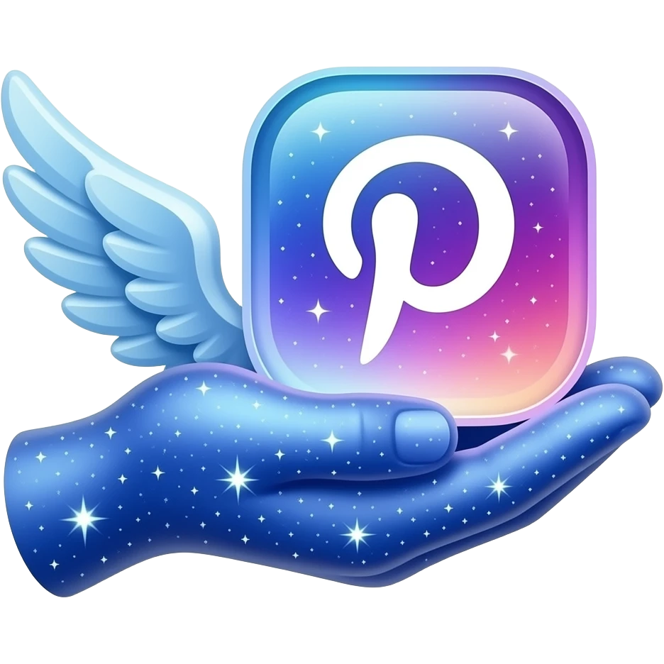 An ethereal angel hand made of starlight holding a crystalline Pinterest logo. Text below: 'PHOTOGRAPHY?'. Glowing nebula colors, isolated on white, bold 3D icon emoji