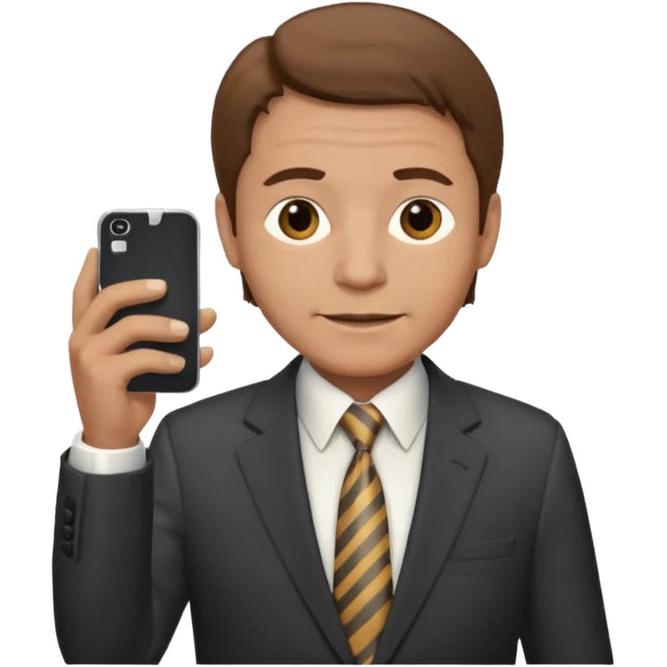 Un hombre  mayor con leve sonrisa de traje con tez clara pelo color castaño, vestido con traje camisa y corbata y celular en mano .  emoji