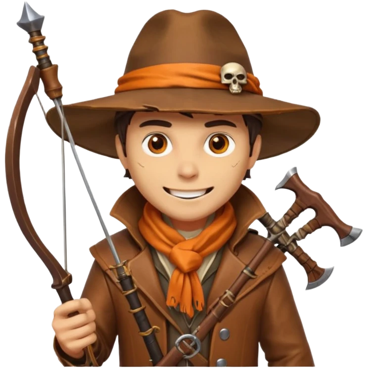 male human monster hunter emoji, wearing brown leather coat and wide hat, holding crossbow, with amulet shaped like skull, Halloween fantasy theme, confident smile, orange scarf, Apple emoji style, clean white background, square image emoji