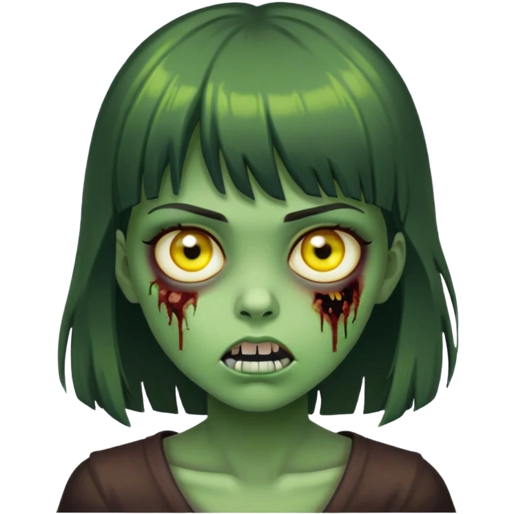 menina zumbi da pele verde de cabelo castanho escuro com franja e com os olhos amarelos emoji