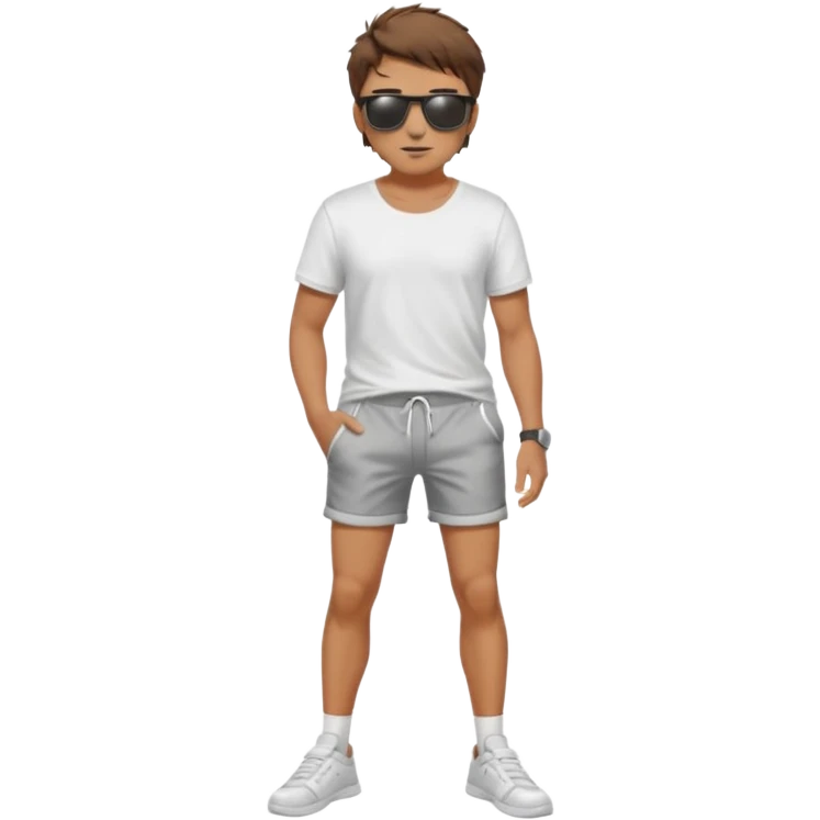 Handsome. Male. Short brown hair. Messy hairstyles. Sunglasses. Sexy pose. Full body. Wearing shorts. White tekkies. Pool background  emoji