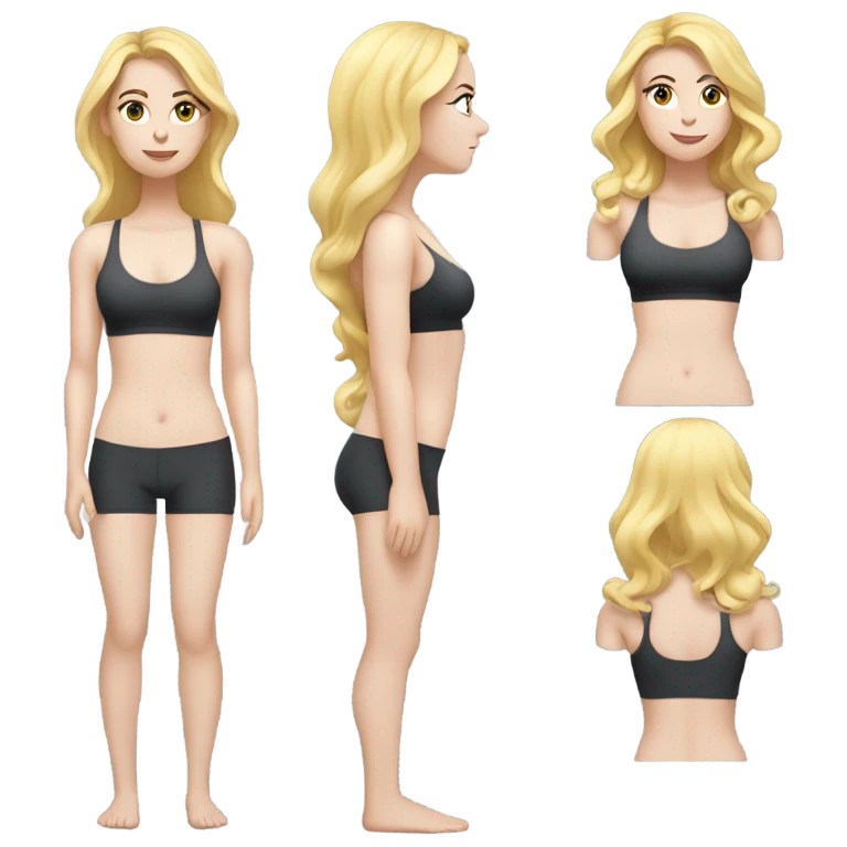 Woman, white skin, pale skin, long hair, blonde hair, wavy hair, standing, sports bra, leggings, measuring around waste emoji