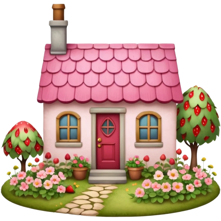 Cottagecore style, highly realistic, whimsical cute, vintage vibe, small pink roof cottage with a garden full of different colored wild flowers and realistic red strawberries, with a vintage antique door. Still life design. emoji