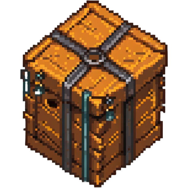 wooden crate with metal reinforcements, orange-brown wood with visible grain texture and dark gray metal bands, 32x32 pixel art game tile that looks breakable emoji