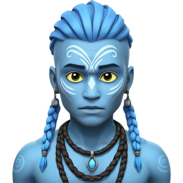 avatar-style Na’vi male portrait, head and shoulders only, blue skin, bioluminescent markings, strong face features, braided hair, tribal necklace, heroic expression, 3D cartoon, mobile game icon style, clean background, no text, no watermark
 emoji