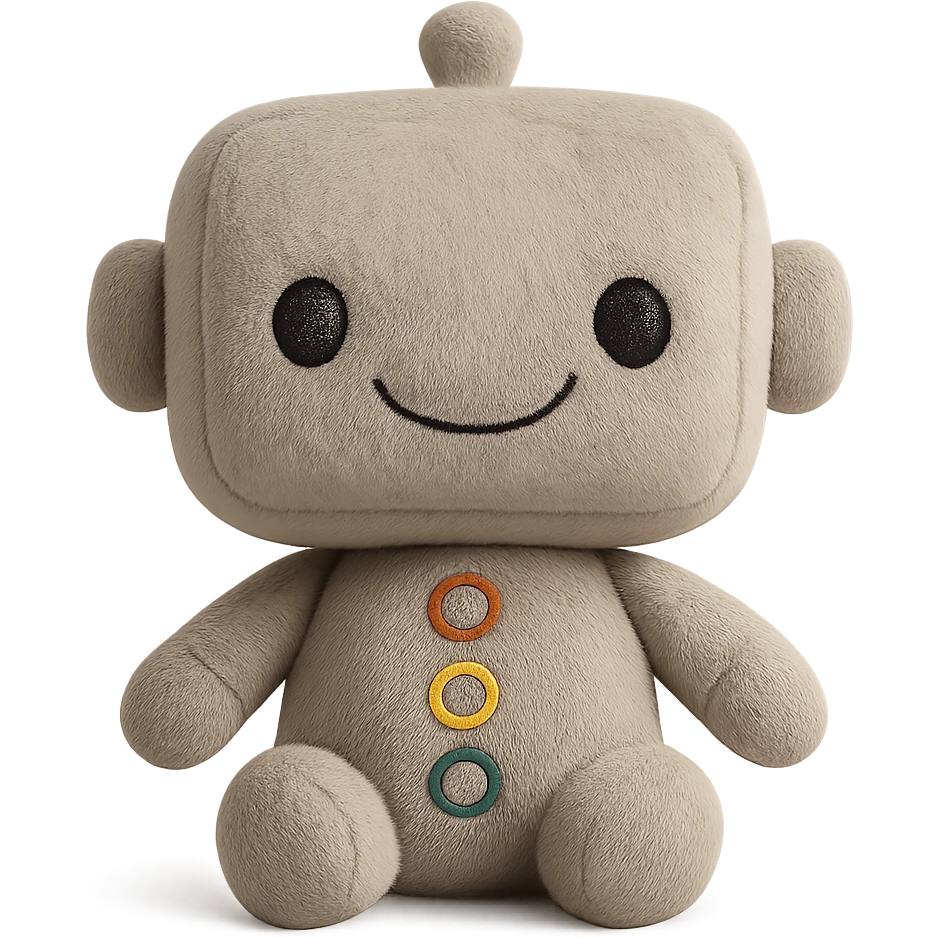 A friendly robot plush toy with embroidered buttons, soft fabric limbs, and cute stitched smile, with subtle fabric texture visible emoji