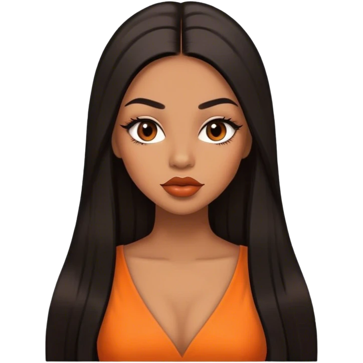 light brown skin tone, very beautiful woman, with big plump lips, long long lashes, black long straight hair, middle hair parting, brown eyes, orange dress emoji