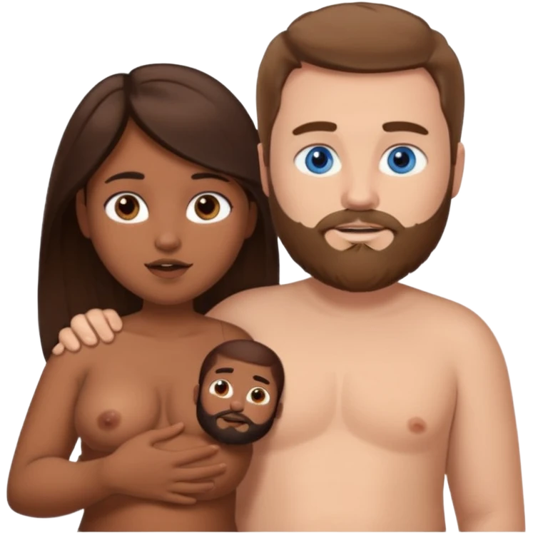 chubby white guy with brown hair and beard and blue eyes, holding a brown girl with long dark hair and dark brown eyes in arms, naked, showing tits emoji
