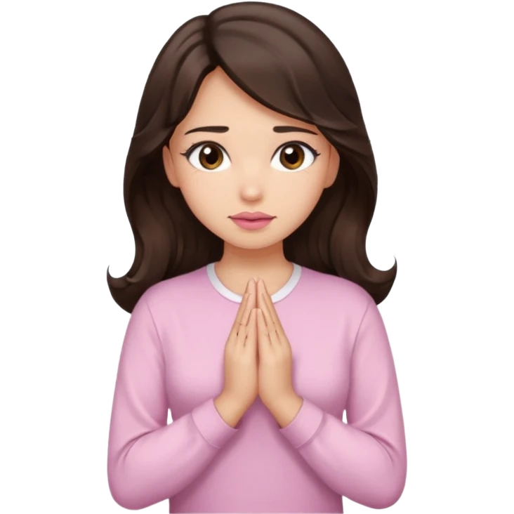 girl with wavy long glamorous dark brown hair, brown eyes, light to medium complexion, long lashes, light pink lipstick, praying, wearing light pink shirt emoji