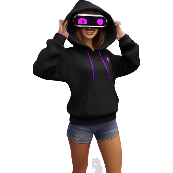 Russian girl wearing black hoody with violet letters "OMG", in vr headset oculus quest2. Dancing. Cyberpunk style. Violet neon. emoji