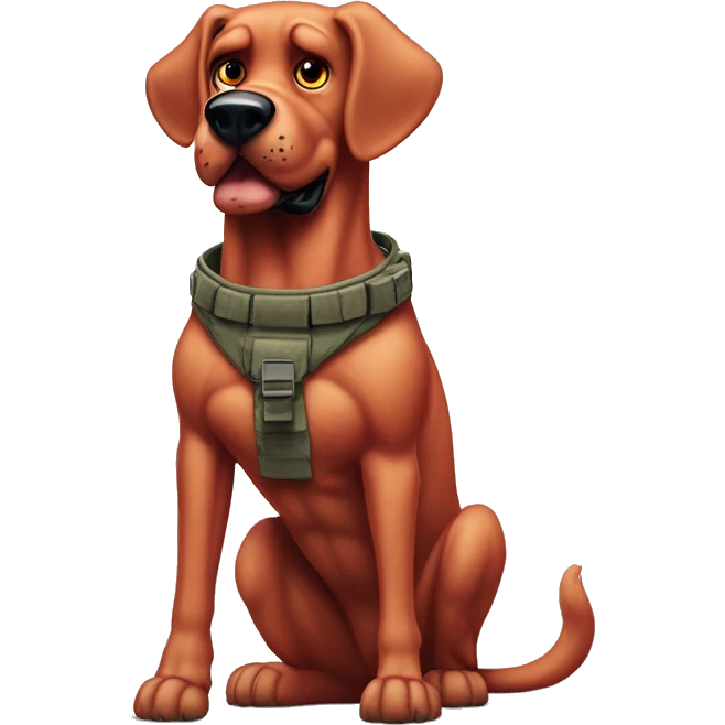 Desert storm hot Clifford the big red dog muscled with tattoos on arms book illustration as a military call of duty character standing alone emoji
